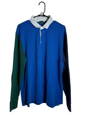 J.Crew Colorblock Rugby Shirt Long Sleeve Polo Blue Green LG Y2K